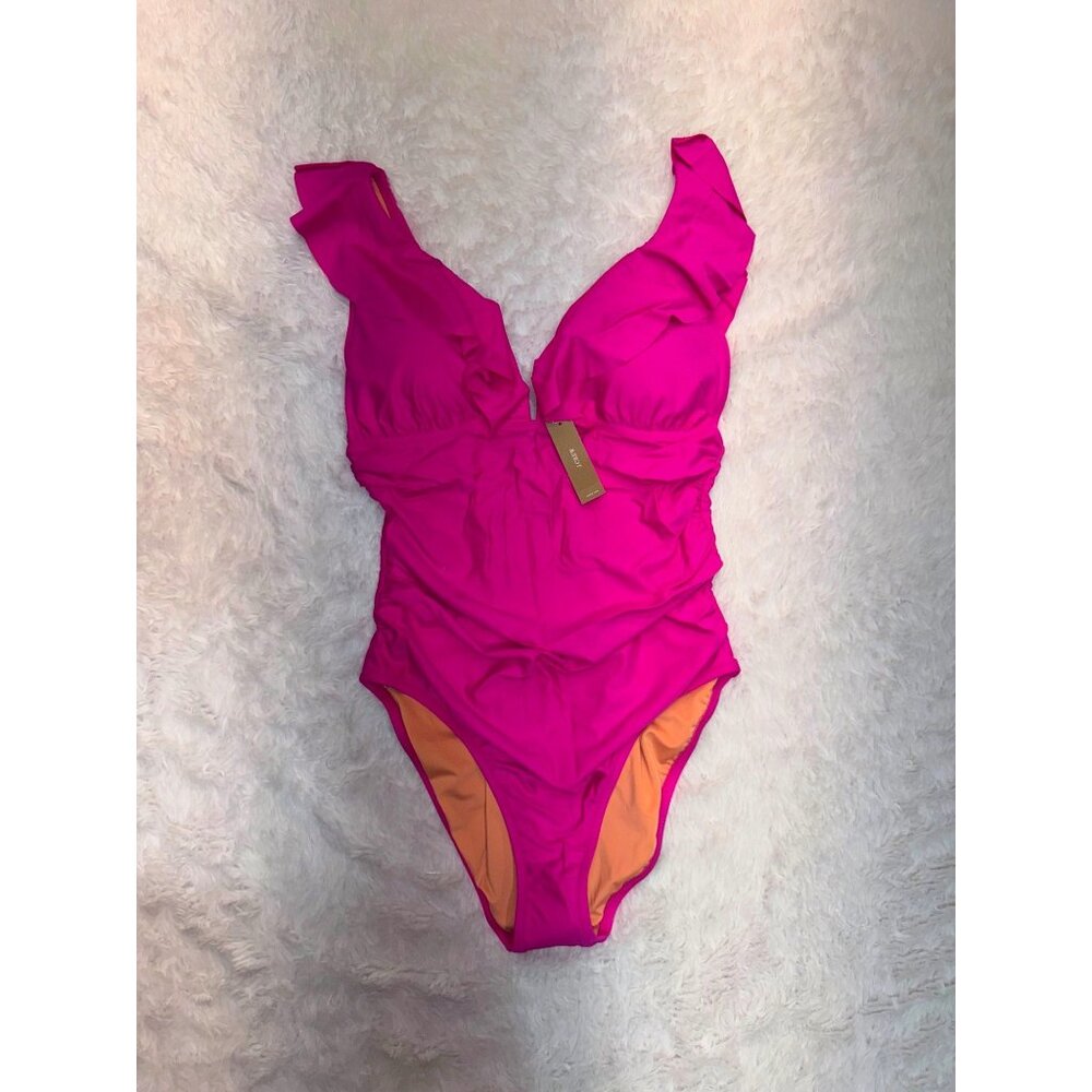 J. Crew Ruched Ruffle One-Piece Swimsuit Fuchsia Pink Vneck NEW Re-imagined 0 - Picture 2 of 5